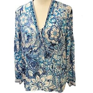 Etcetera 100% Silk Blue Floral Boho Pullover Top Puff Sleeves Sz 8
